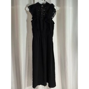 Black Lace Ruffle Sleeveless Dress High Neck Elastic Waist Cocktail XS WC0052